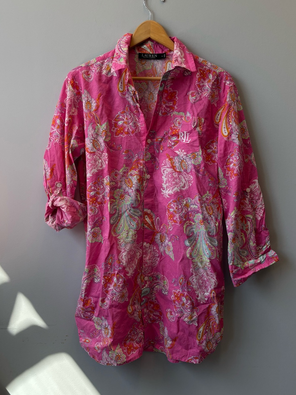Lauren Ralph Lauren Pink Paisley Sleep Shirt Long Roll Tab Sleeves light weight